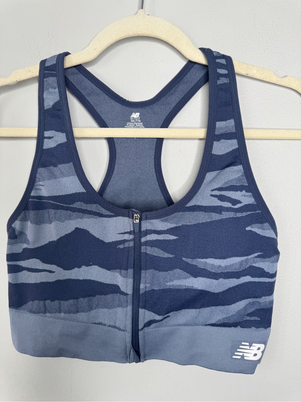 New Balance Blue Camo Front-Zip Racerback Sports Bra